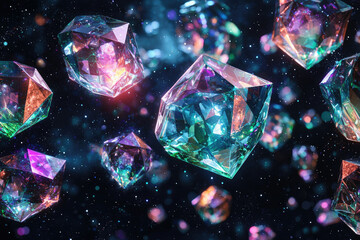 Poster - Vibrant, multifaceted gems float in a dark, starry expanse, radiating an ethereal glow.