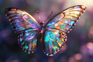 Poster - A vibrant, iridescent butterfly with glass-like wings, showcasing stunning colors and intricate details.