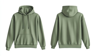 front and back view of a sage green hoodie. features a drawstring hood, kangaroo pocket, and long sl