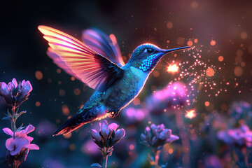 Poster - A vibrant hummingbird in flight, surrounded by glowing flowers and magical sparks, a breathtaking scene.