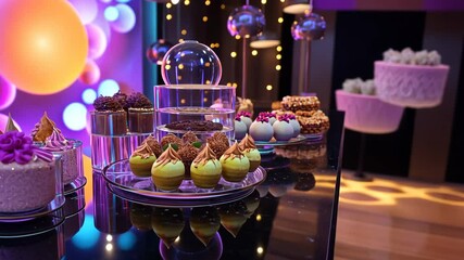Wall Mural - a holographic dessert bar displaying customizable mousse-filled spheres.