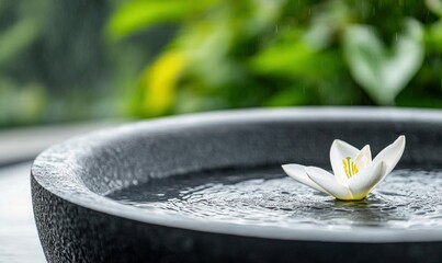 Poster - A single white blossom floats gracefully in a stone water bowl as gentle rain creates a calming scene.