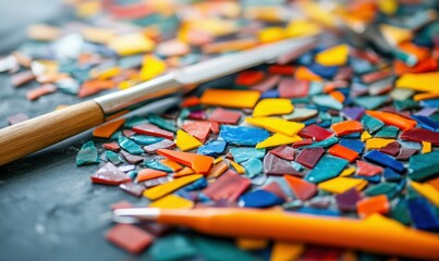 Poster - Vibrant mosaic pieces are carefully arranged with tools, revealing the intricate process of creating stunning art.