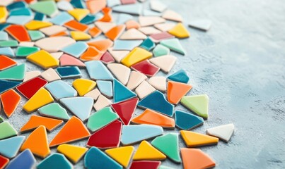 Poster - A colorful assortment of irregular tiles scattered on a textured gray background, creating a vibrant mosaic.