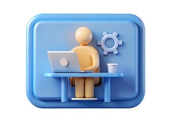 Aufkleber - Digital Workstation: A digital rendering of a person working on a laptop at a desk with a gear and coffee cup, symbolizing productivity, focus, and the modern workplace.