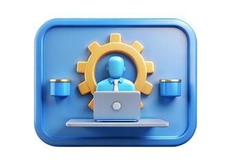 Aufkleber - Concept of System Administrator: A symbolic 3D rendering depicts a person interacting with technology, featuring gear elements and a laptop.