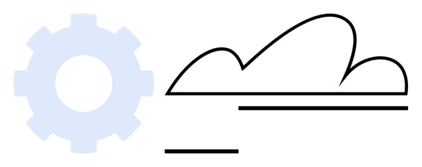 Light blue gear beside abstract cloud outline with horizontal lines. Ideal for automation, data transfer, cloud computing, innovation, collaboration, networking, software concepts. Flat simple