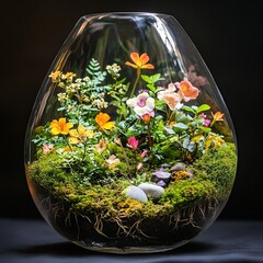 Leinwandbilder - A minimalist glass vase with lush green plants inside, creating a fresh and natural decorative element for any environment