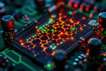 Poster - Intricate patterns glow on a circuit board showcasing advanced technology in a dark setting