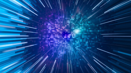 Poster - Abstract digital art depicting blue and purple pixelated shapes radiating outwards, creating a sense of speed and energy, suitable for technology or futuristic concepts