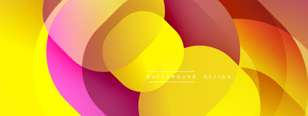 Poster - Circular abstract design with overlapping translucent circles and round shapes, blending gradients and smooth curves, creating depth, contrast, and a dynamic visual effect