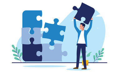 Poster - man solving business puzzle - businessman with jigsaw pieces laying the last brick finishing task or