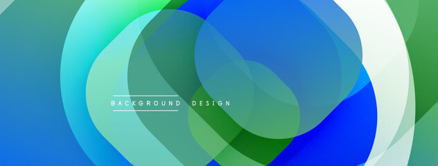 Poster - Circular abstract design with overlapping translucent circles and round shapes, blending gradients and smooth curves, creating depth, contrast, and a dynamic visual effect