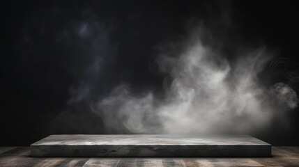 Poster - Empty gray stone podium on dark wall background,,product display presentation and social media banner design template,gray concrete table shelf on blurred background, mockup. gray stone table