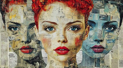 Poster - Vibrant Woman Portrait with Red Hair and Abstract Newspaper Collage