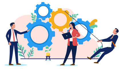 Aufkleber - Business machine keep the wheels turning - Group of businesspeople working with cogwheels keeping process and project going together. Flat design vector illustration on white background