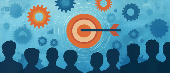 Poster - A target with an arrow in the center, surrounded by silhouettes of heads representing people, symbolizing an AI's focus on listening and understanding customer needs for marketing or sales tools