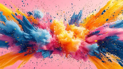Poster - Vibrant Explosion of Colorful Paints Against a Pink Background