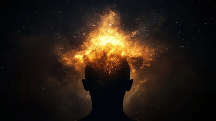 Wall Mural - the concept of the big bang in the echo of the human mind. silhouette of a man with a glowing golden