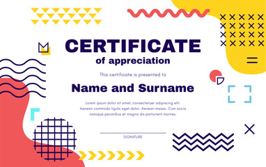 Aufkleber - Certificate template with geometric memphis shapes vector background frame. Abstract color line art graphic certificate and diploma of appreciation horizontal template with geometric memphis pattern