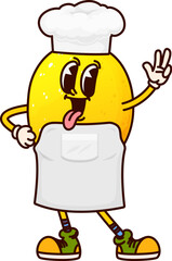 Poster - Cartoon groovy lemon fruit character. Isolated vector playful citrus fruit y2k personage wearing white apron, chef hat and stylish hippie sneakers, embodies cooking with a cheeky tongue out expression