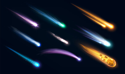 Wall Mural - realistic galaxy space meteors, comets and asteroids with flame trails. 3d vector falling fiery mete