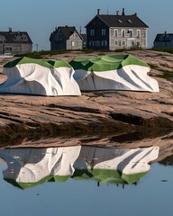 Poster - Unique Art Installation on Rocky Shore with Reflections in Water