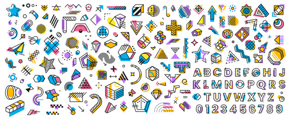 Aufkleber - Abstract geometric memphis shapes and elements. Vector line art shapes and english alphabet font with modern graphic memphis pattern. Abstract geometric figures and outline color letters type set