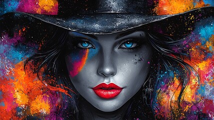 Poster - Colorful Portrait of a Woman with Hat and Bold Makeup