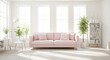 © Luppy Studio - Bright and airy living room with pastel pink sofa and lush greenery, promoting comfort