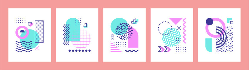 Aufkleber - Abstract geometric Memphis posters with graphic shapes and elements exude creativity and dynamic energy in trendy retro modern style. Vector card or cover templates with vivid colors and patterns