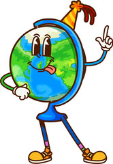 Poster - Cartoon groovy school globe stationery character flashing finger up gesture. Isolated vector earth planet, retro geographical map, educational item teacher personage with quirky face and party hat