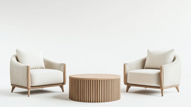 3D rendering of two beige fabric armchairs and a round wooden coffee table on a white background. Minimalist