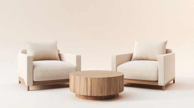 3D rendering of two beige fabric armchairs and a round wooden coffee table on a white background. Minimalist