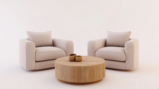 3D rendering of two beige fabric armchairs and a round wooden coffee table on a white background. Minimalist