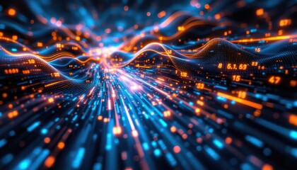 Fototapete - Abstract digital waveform with blue and orange light streaks and numerical data