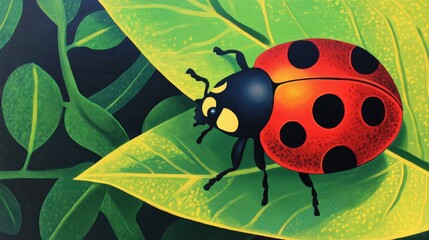 Poster - The vivid red and black polka dots of a ladybug on a bright green leaf.