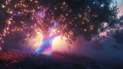 enchanted tree with glowing lights and rainbow aura at dusk