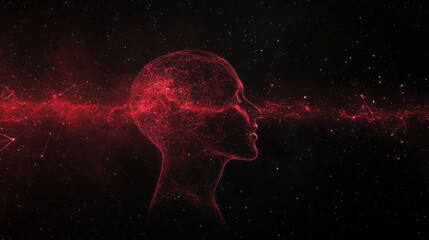 Wall Mural - the concept of the big bang in the echo of the human mind. a red, digitally glowing human head profi