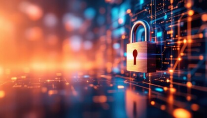 Fototapete - Digital security concept with glowing padlock and futuristic circuitry
