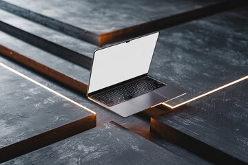 Laptop with blank screen on dark gray geometric platform illuminated by warm light, showcasing modern technology and minimalist design ideal for digital presentations or website mockups