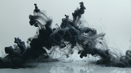 Poster - Abstract swirling black ink flowing in water on light background