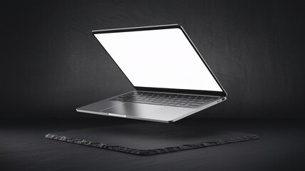 Aufkleber - Silver laptop with blank screen floats above dark slate, showcasing modern technology and minimalist design, ideal for advertisement or presentation mockup