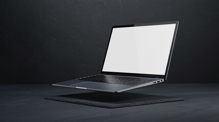 Aufkleber - Sleek silver laptop hovers above dark slate, blank screen ready for design or text, showcasing modern technology and minimalist elegance