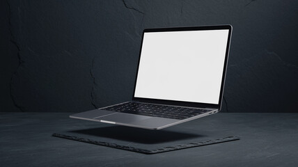 Aufkleber - Silver laptop levitates above dark slate surface, blank screen, showcasing product mockup, ideal for technology or business presentations
