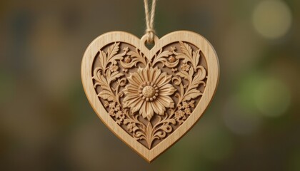 A heart shaped piece hangs from a string. The object features a floral pattern