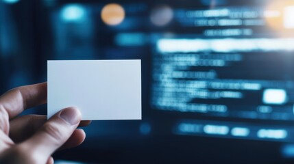 Fototapete - Hand holding blank card in data center with digital screen background