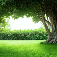 Poster - A Tranquil Scene: Lush Green Lawn, Dense Hedges, and a Majestic Tree with Intertwined Roots and Bright Light Behind.