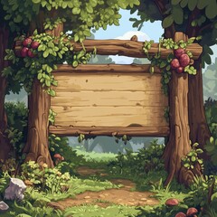 Aufkleber - Enchanting Forest Path with Wooden Sign: A Gateway to Adventure and Tranquility Awaits in the Lush, Cartoonish Greenery