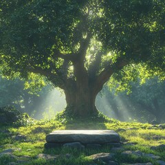 Poster - Majestic Tree Radiating Sunlight on a Stone Platform in a Lush Forest Setting, Creating a Tranquil and Enchanting Scene.